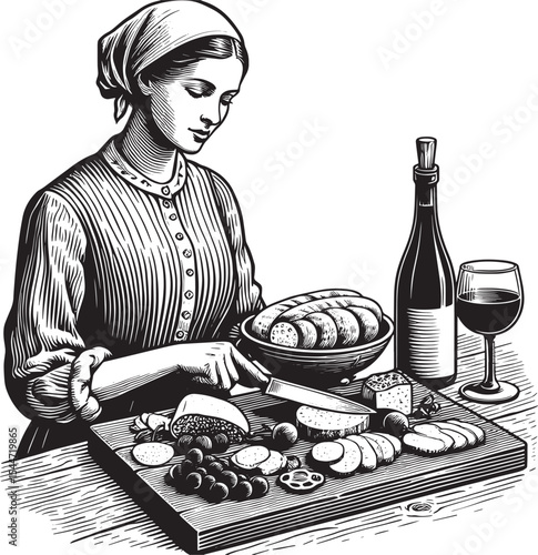 Monochrome Charcuterie Creation Woman Prepares Food in Woodcut S