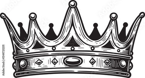 Detailed Black and White Crown Illustration on White Background
