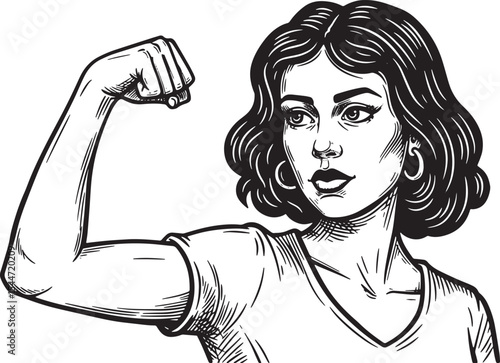 Strong woman flexing arm in black and white vintage illustration