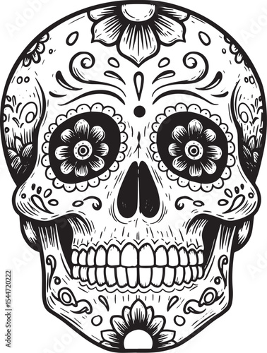 Detailed Black and White Sugar Skull Illustration for Dia de los