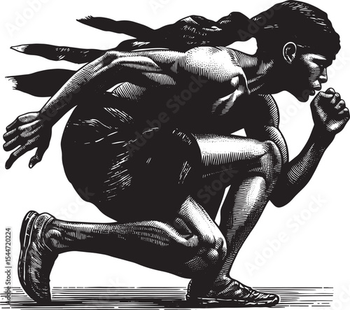 Dynamic woodcut artwork of a man in motion poised for action wit