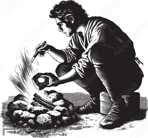 Engraving illustration of a man crafting flint tools near a camp