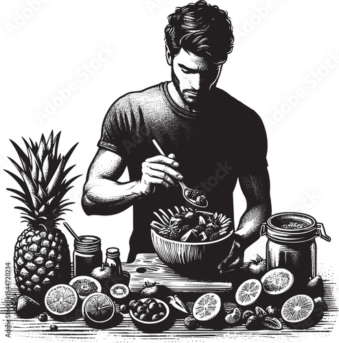 Artistic depiction of a man preparing a vibrant smoothie bowl wi