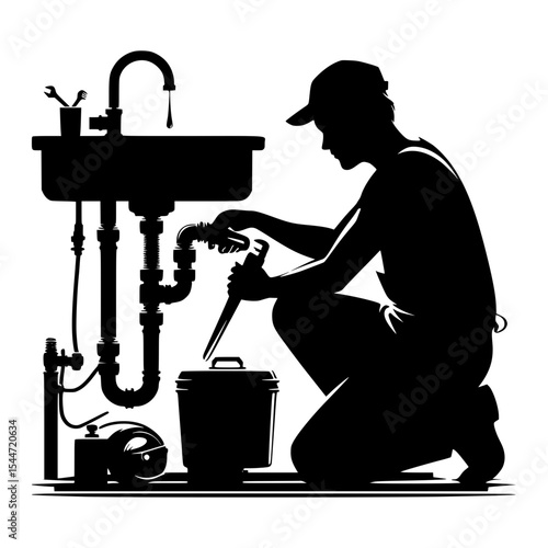 Plumber repairing sink plumbing silhouette