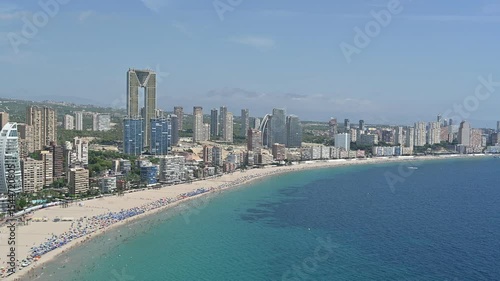 Benidorm, Spain - August 19, 2023: Panoramic view of the Poniente beach in the city of Benidorm, Spain