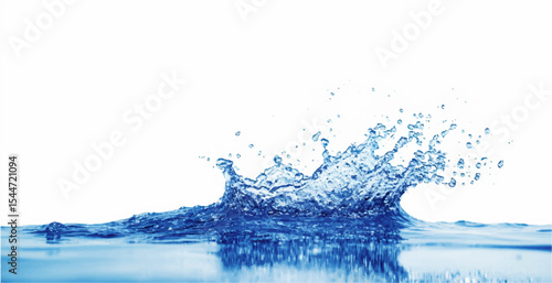 Isolated abstract blue water splash with bubbles and drops on a white background, conveying clean, fresh liquid in motion.