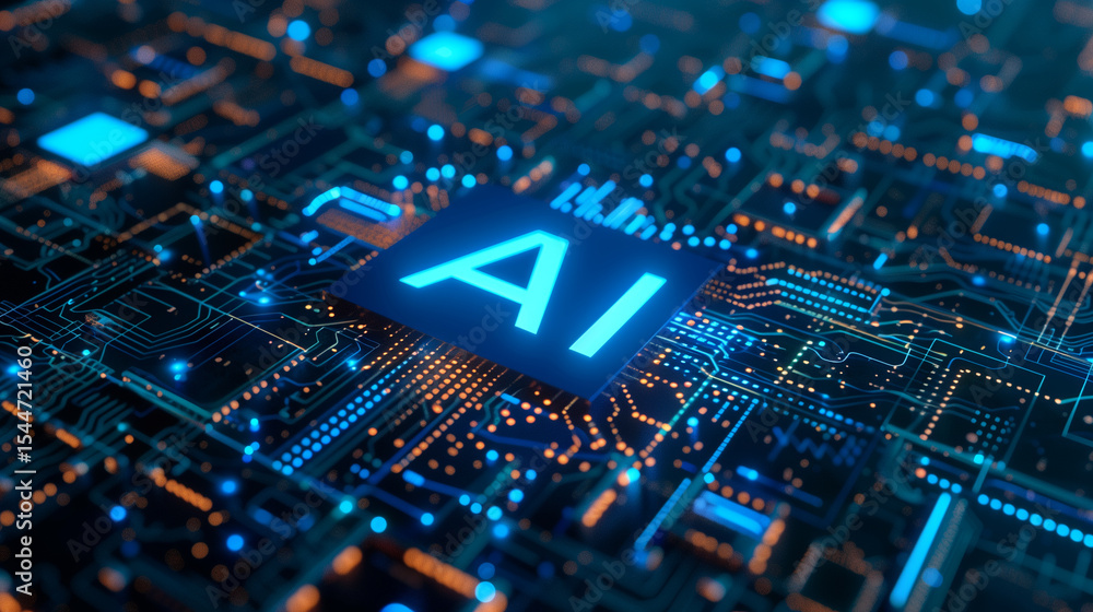 Obraz premium AI logo on top of a circuit board with blue and orange lights