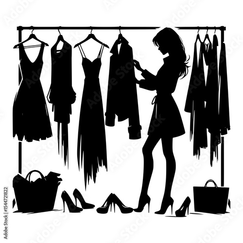 Silhouette of woman choosing outfit from clothing rack