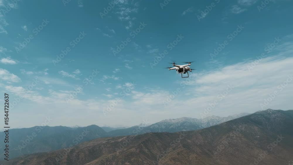 Drone soars above majestic mountain range against a backdrop of blue sky and clouds Drone soars above majestic mountain range against a backdrop of blue sky and clouds