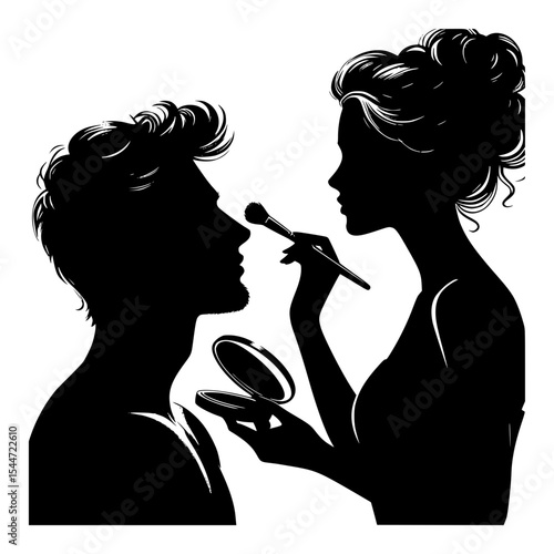 Silhouette of makeup artist applying powder to man
