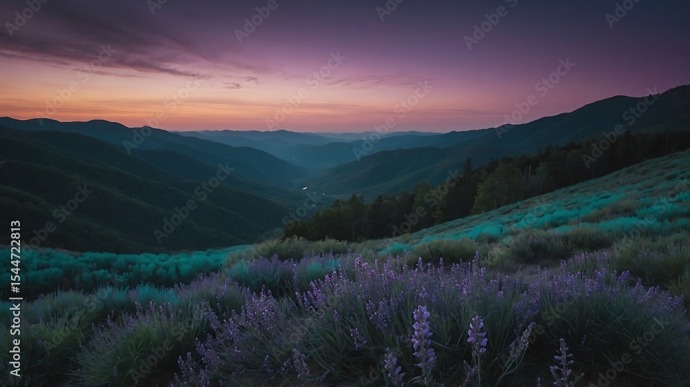 Obraz premium Lavender field at sunset in mountain valley