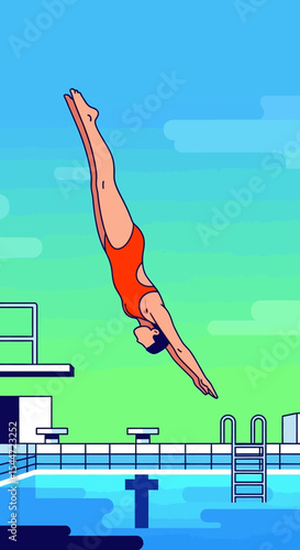 Mid-Air Dive: Swimmer Leaping from Platform into Summer Pool Scene