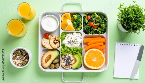 Personalized meals concept. Healthy meal prep in a tray with fresh ingredients and drinks.