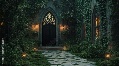 Dark, gothic entryway shrouded in lush greenery