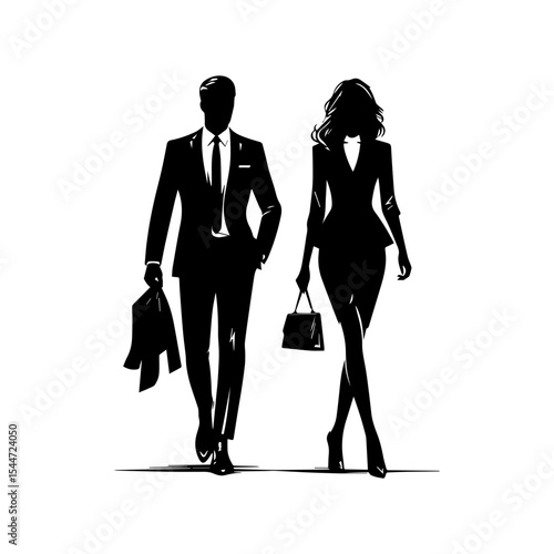 Stylish business couple confidently striding forward, showcasing professional attire and accessories.