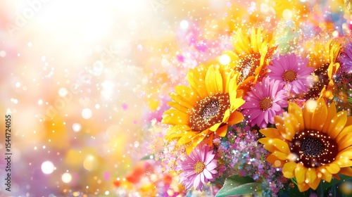 Sunflowers, daisies bouquet, summer, sparkle, background, card design