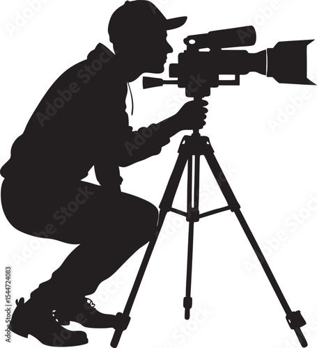 This collection of black and white images depicts various poses and actions of a cameraman, some with film equipment and a clapboard, suggesting a movie production theme
