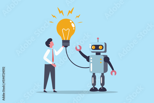 Human and Robot Collaboration for Innovation Artificial Intelligence and Machine Learning Generating Creative Ideas and Solutions Together Vector Illustration