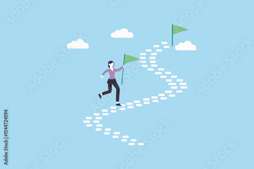 Businesswoman Running Up Staircase to Success with Flags Representing Goals and Achievements in a Flat Design Style