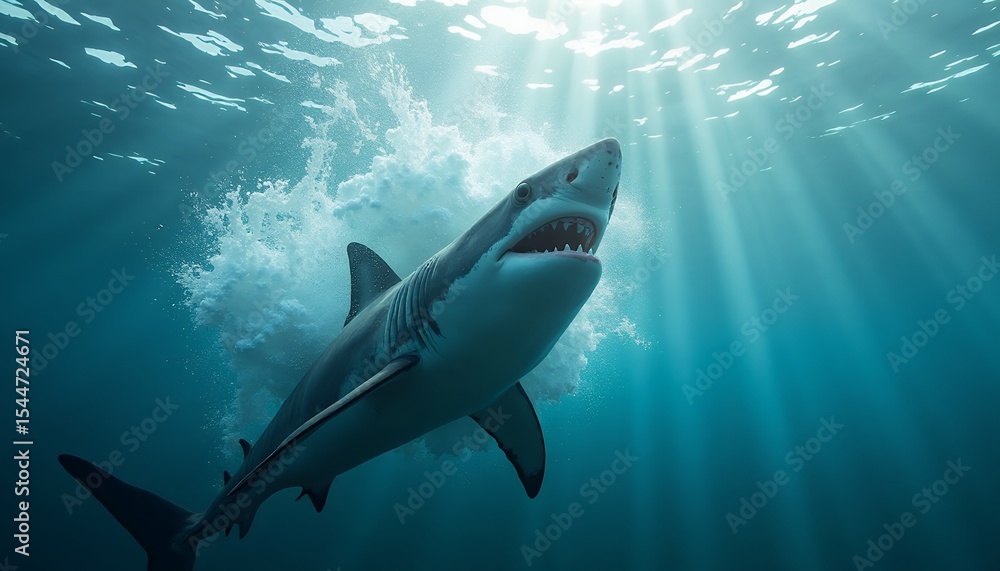 Obraz premium Great White Shark Swimming Underwater with Sun Rays