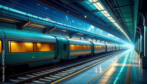 Modern High Speed Train Arriving at a Futuristic Train Station Platform at Sunset