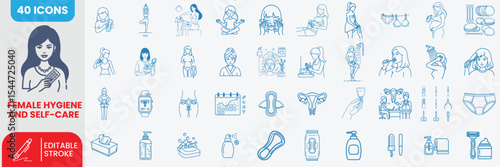 Female Hygiene and Self-Care Blue Line Icon Set – Includes Menstrual Health, Personal Care, Wellness, Intimate Hygiene, and Daily Routine Essentials | Vector Illustration with Editable Stroke