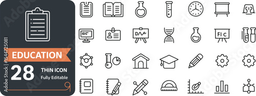 Education icons representing learning and science in a thin line style