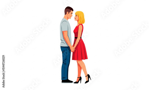 Cartoon couple holding hands facing each other on white background