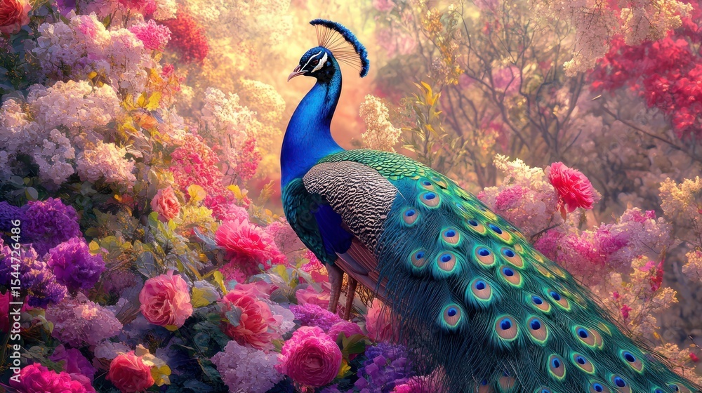 Fototapeta premium Peacock amidst vibrant floral display
