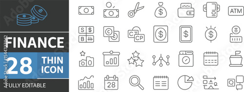 Finance icons representing money and banking in a thin line style