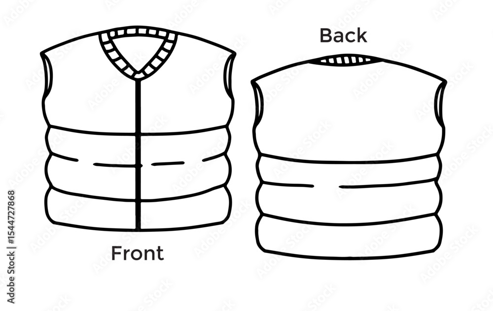 Vector illustration of black ink hand drawn outline of warm clothing or life jacket, front and back Vector illustration of black ink hand drawn outline of warm clothing or life jacket, front and back