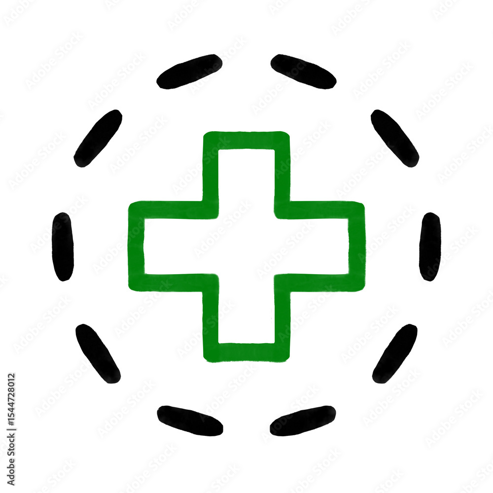 Obraz premium Medical symbol with green cross surrounded by a dashed circle drawn with a black outline