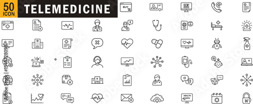 Telemedicine editable outline icon set. Remote healthcare digital consultation online medical support diagnostics and more.
