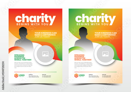 Charity flyer template for fundraising and donation events with two color versions