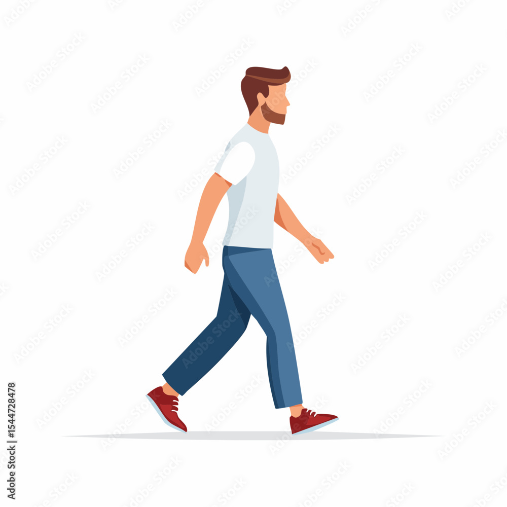 Fototapeta premium A man with a beard strolls casually, wearing a white t-shirt and blue pants.