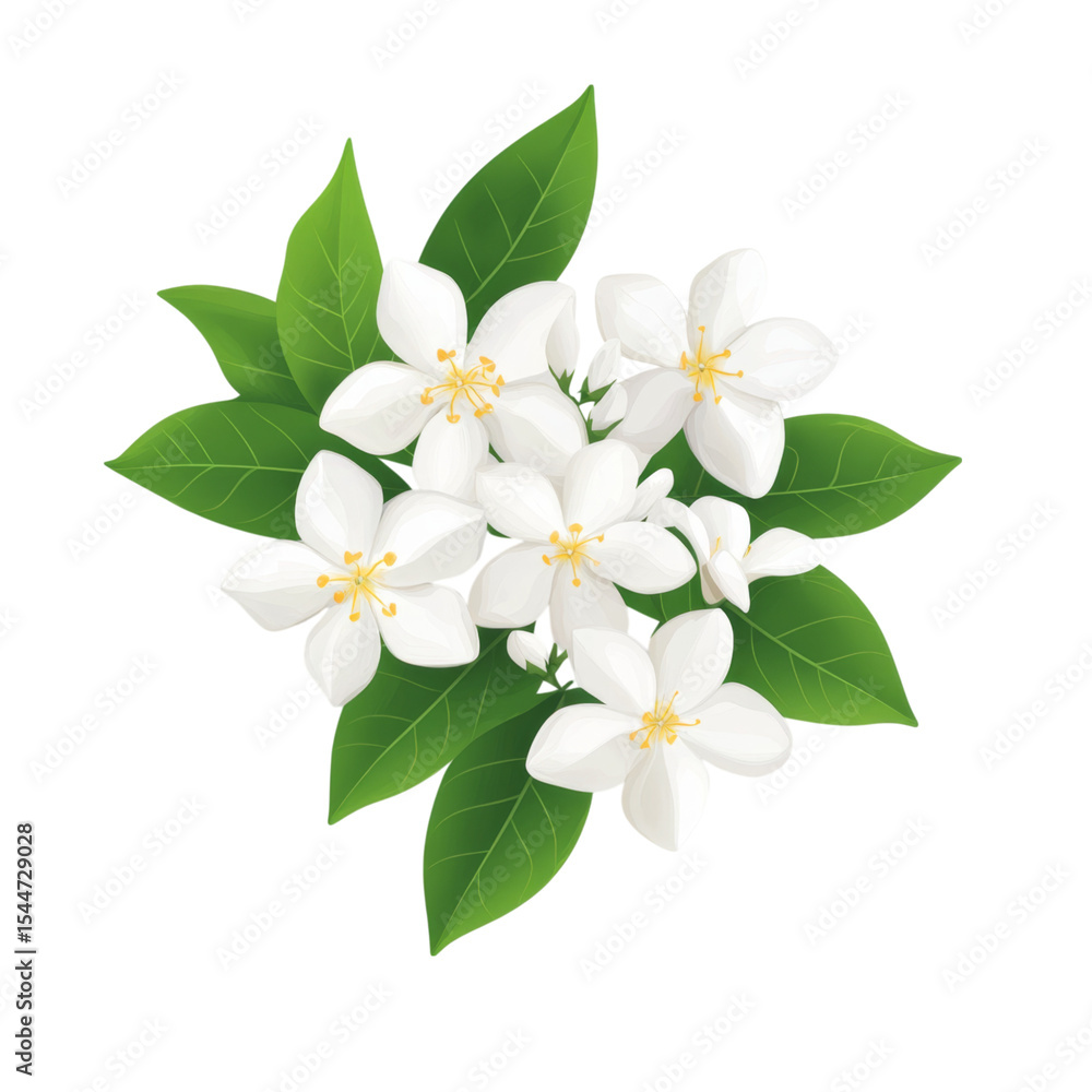 Fototapeta premium White jasmine flowers cluster with green leaves, creating serene and fresh atmosphere