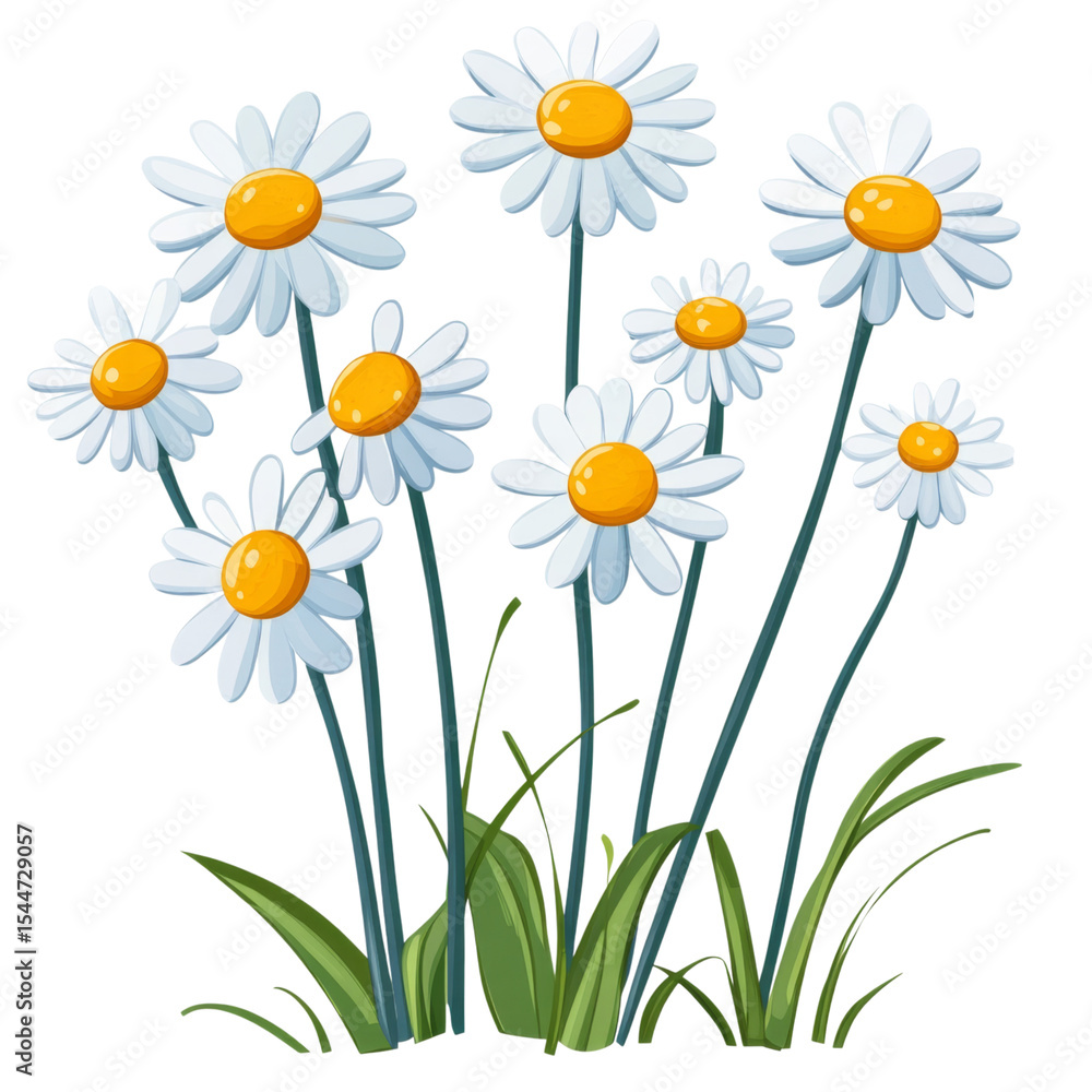 Fototapeta premium Bright wild daisies with yellow centers and green stems create cheerful garden scene