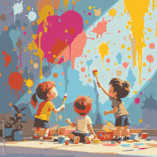 Children Painting with Splashes of Color
