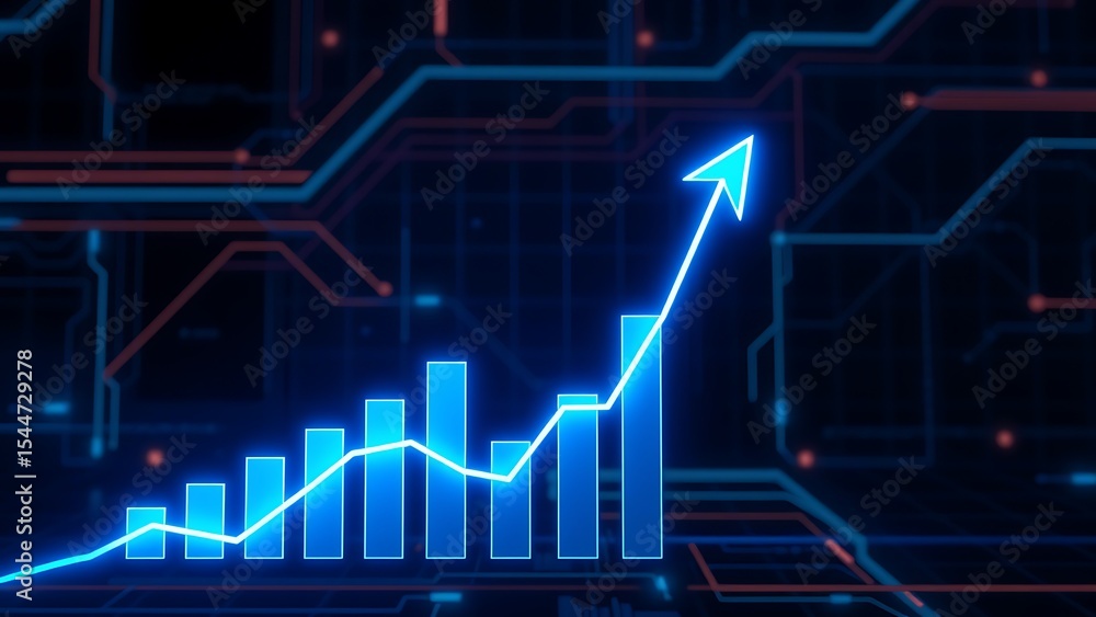 Naklejka premium Blue glowing bar graph with upward arrow on digital circuit background
