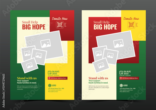 Creative charity flyer template with photo frame design for fundraising and donation events in red and green color theme