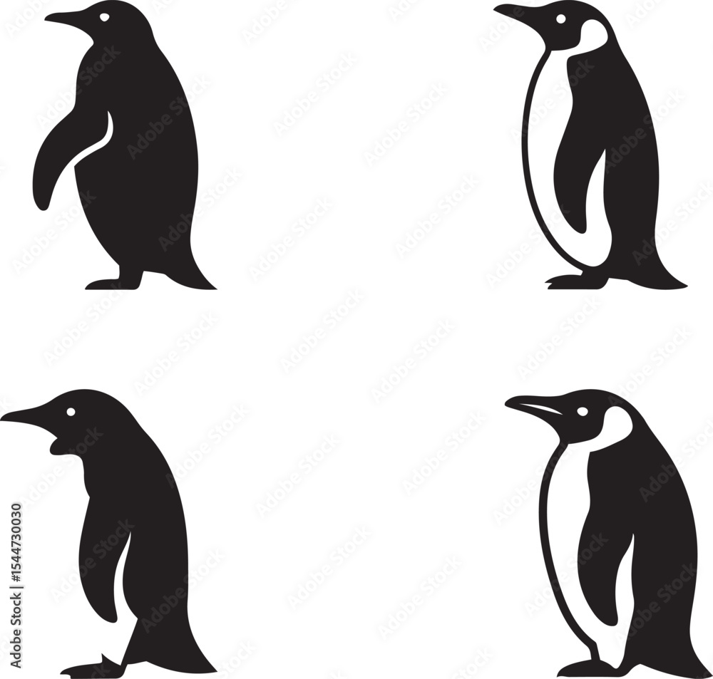 Naklejka premium Four Black Silhouette Penguins Different Poses silhouettes
