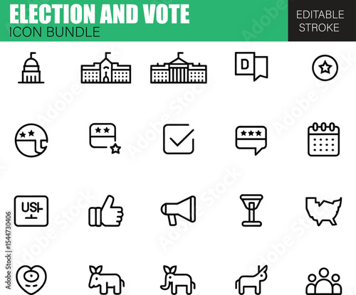 Flat Vector Icon Set Featuring Global Election Elements Including Voting Rights, Political Parties, Ballot Boxes, Government Structures, and Civic Engagement