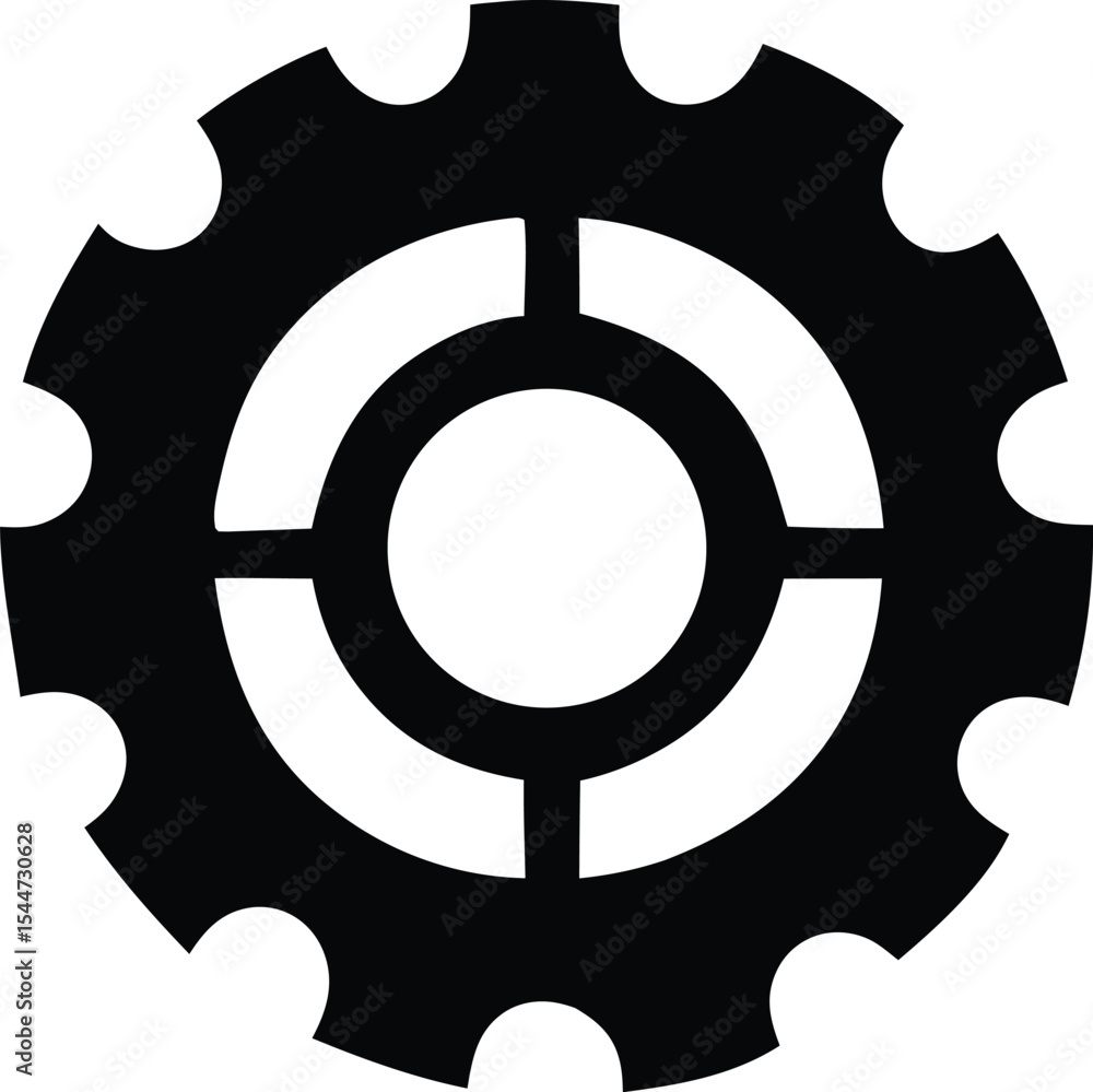 Abstract black and white gear icon with central cross design element Abstract black and white gear icon with central cross design element