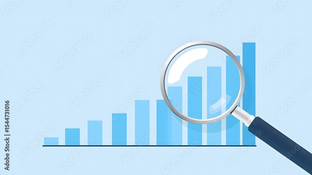 Magnifying glass analyzing upward trending bar graph, business growth concept illustration Magnifying glass analyzing upward trending bar graph, business growth concept illustration