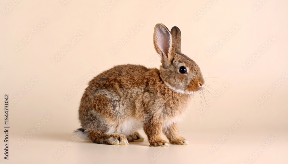 Obraz premium A charming brown rabbit sits alertly on a plain beige backdrop, showcasing its soft fur texture.