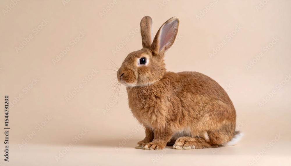 Fototapeta premium A charming brown rabbit sits attentively against a soft beige backdrop, showcasing detailed fur.