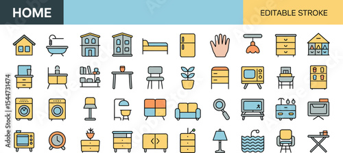 Home icons represent furniture interior design and household appliances