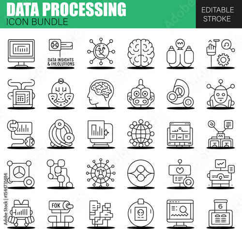 Modern Vector Icon Set Featuring Data Processing, Information Management, System Integration, and Computational Workflow Elements for UI, Web, and Software Design