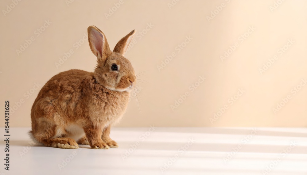 Fototapeta premium A charming brown rabbit sits regally on a plain backdrop, its fur beautifully detailed and soft.