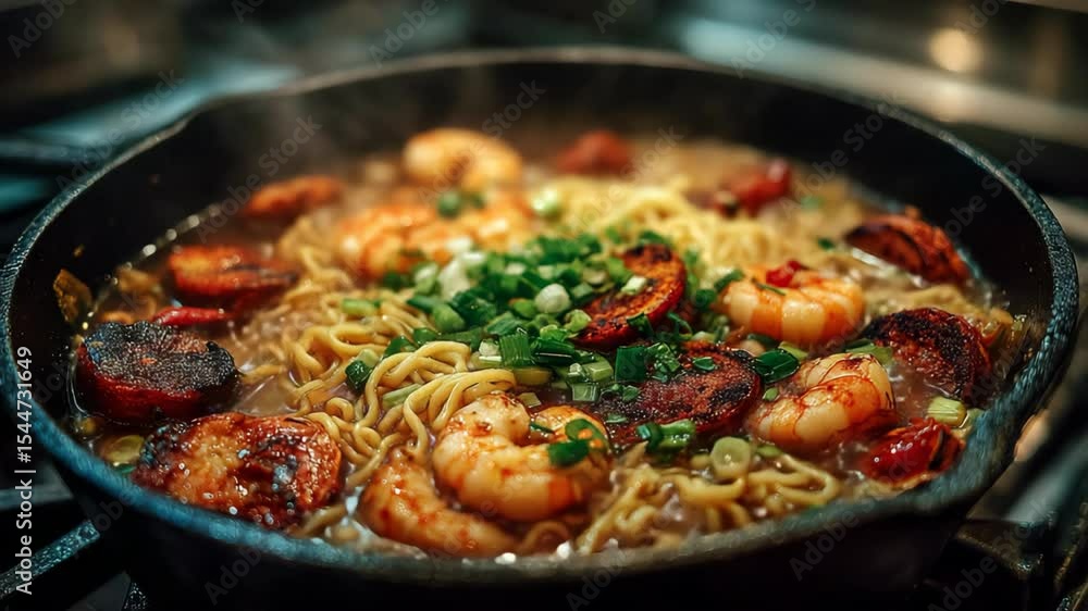 close up bubbling hot shrimp noodle spicy soup Korean style. close up bubbling hot shrimp noodle spicy soup Korean style.